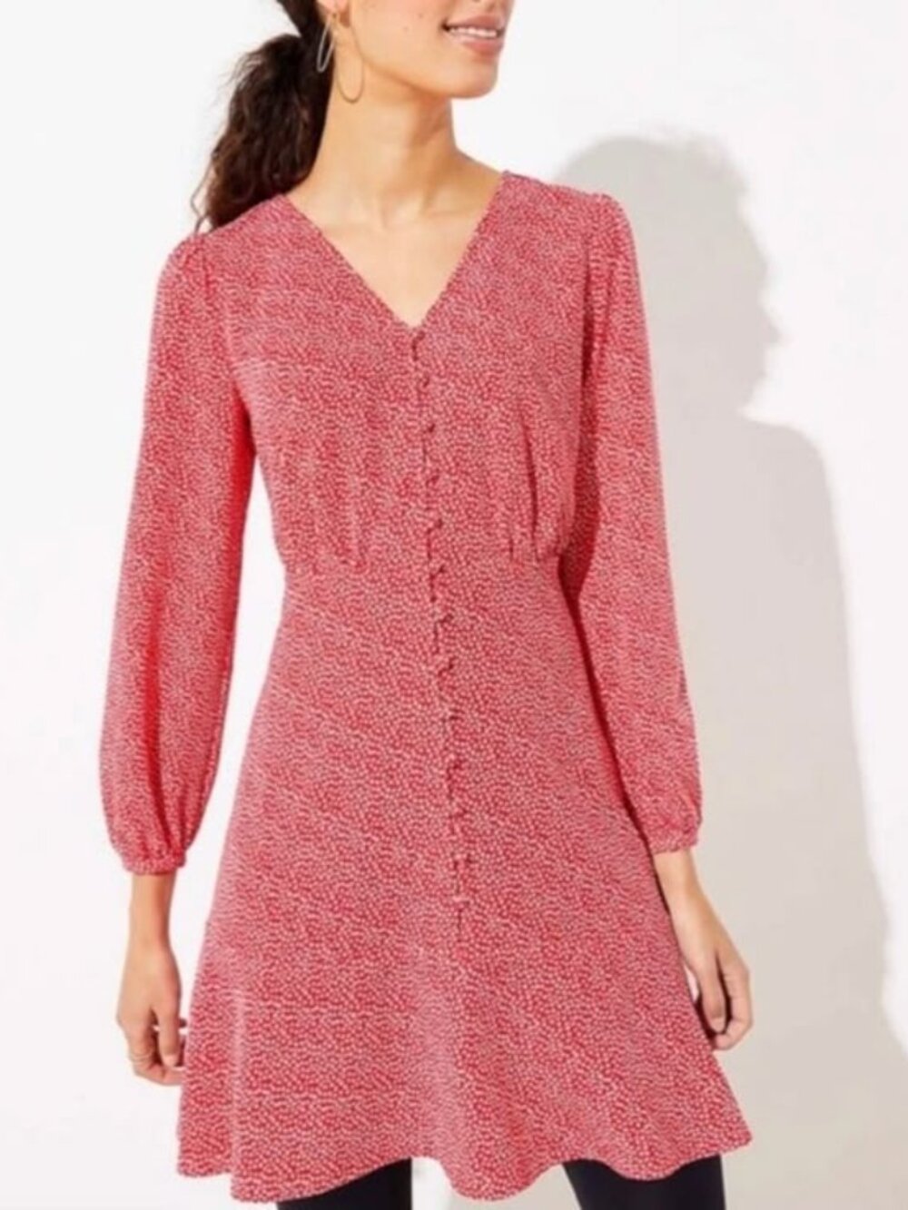 NWT LOFT Women’s Sz 10 Red and White Heart Print Button-Front Fit & Flare Dress